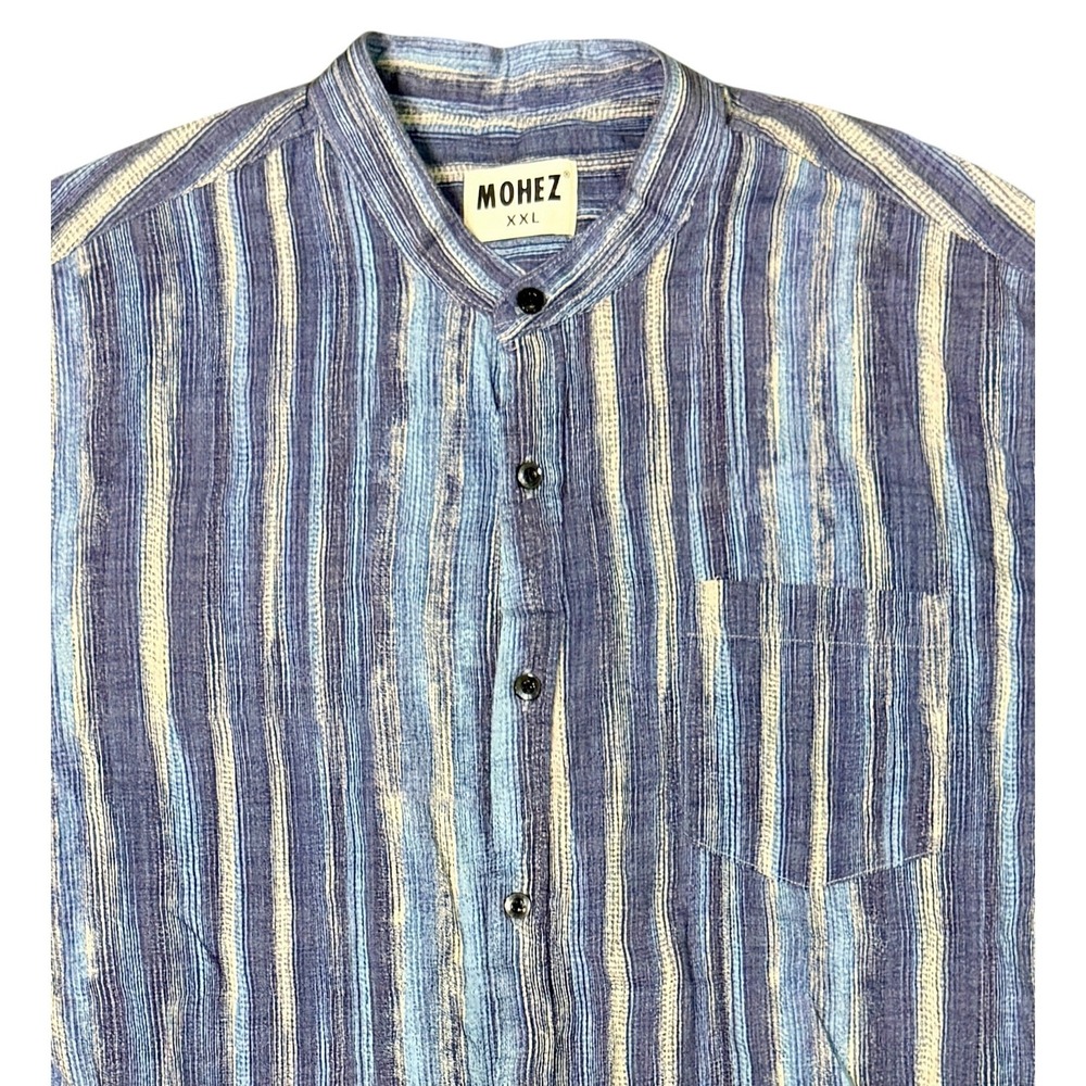 Mohez Mens XXL Blue Striped Short Sleeve Mandarin Collar‎ Cotton Viscose Shirt